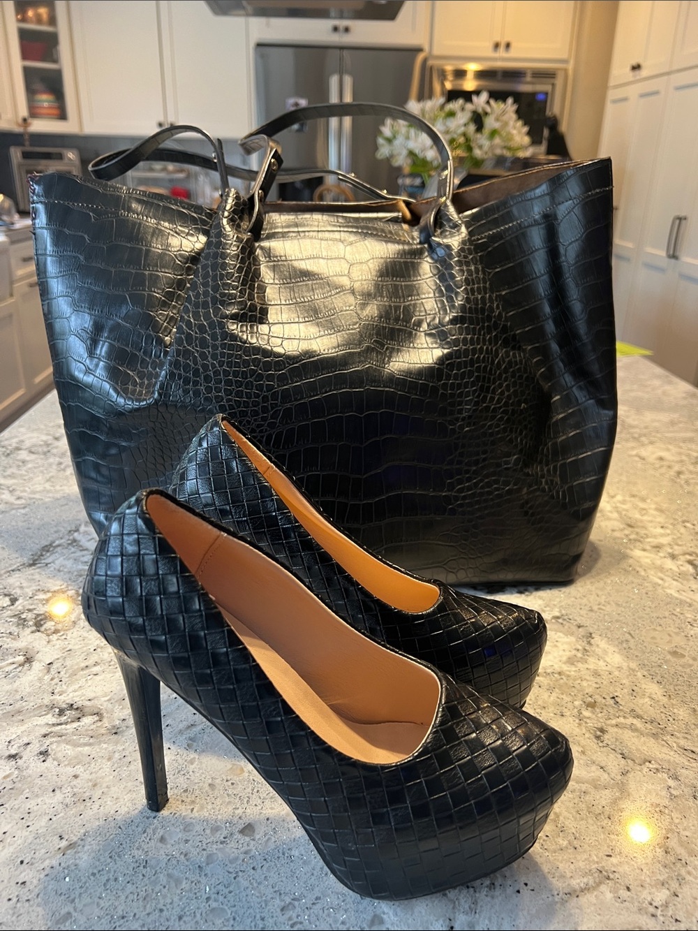 H&M Black Croc-Embossed Shopper Bag and Woven Platform Heels SET Size EU37